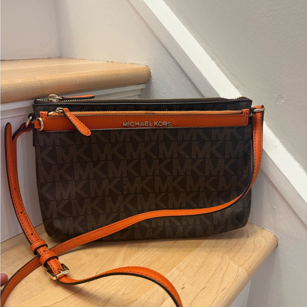 Michael Kors Dark Brown and Vibrant Orange Shoulder Bag